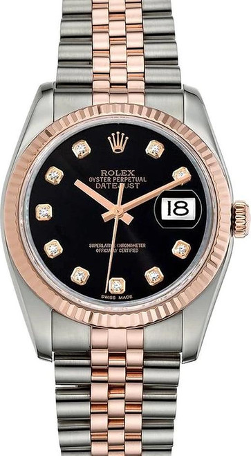 Rolex New Style Datejust Rose Two Tone Factory Black Diamond Dial on Jubilee Bracelet 116231