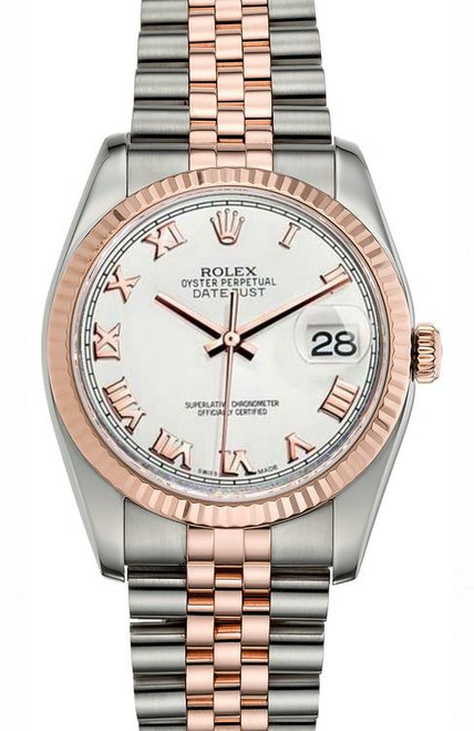 Rolex New Style Datejust Rose Two Tone Fluted Bezel & White Roman Dial on Jubilee Bracelet 116231