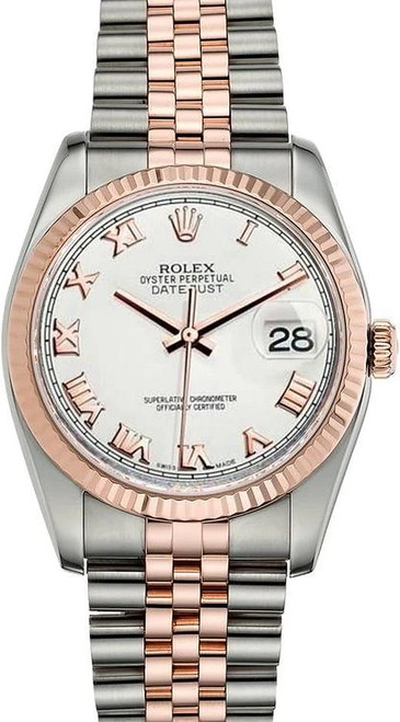 Rolex New Style Datejust Rose Two Tone Fluted Bezel & White Roman Dial on Jubilee Bracelet 116231