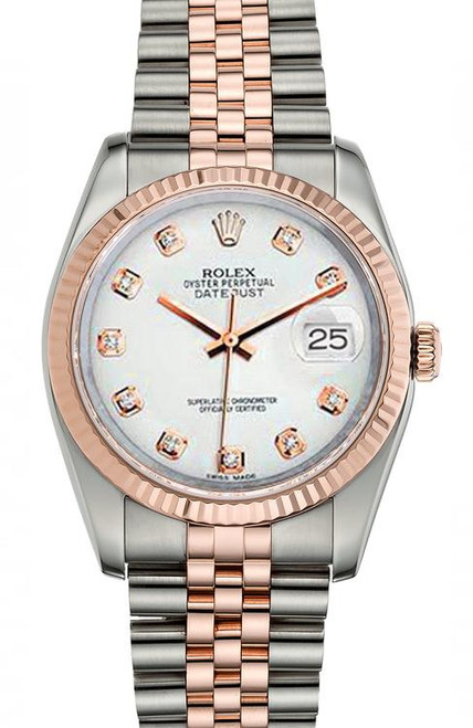 Rolex New Style Datejust Rose Two Tone Fluted Bezel  Factory White Diamond Dial on Jubilee Bracelet 116231