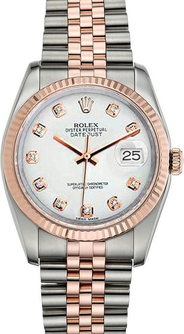 Rolex New Style Datejust Rose Two Tone Fluted Bezel  Factory White Diamond Dial on Jubilee Bracelet 116231