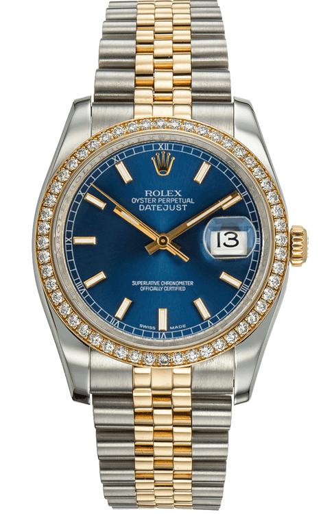 Rolex New Style Datejust Two Tone Factory Diamond Bezel and Blue