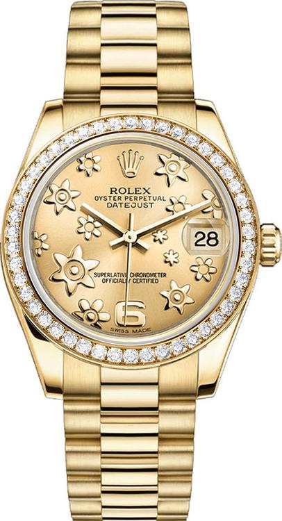 Rolex Women's President Midsize Factory Diamond Bezel on Champagne