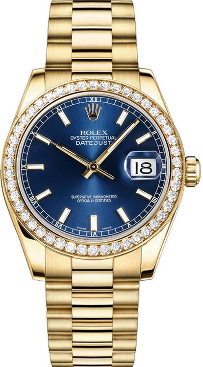 Rolex Women's President Midsize Factory Diamond Bezel on Blue