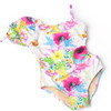 Detail of Watercolor Floral Girls Puff Sleeve Cut Out One Piece Swimsuit 4-14