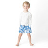 Shade Critters Denim Paradise boys  kids swimsuit trunks on boy with tropical blue print 