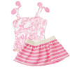 Flat lay of the Shade Critters Pink Paradise smocked one piece with pink tropical print and coordinating crochet skirt.