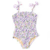 Shade Critters Wildflower Fields smocked one-piece shown from the front with floral-print straps and 3D flower accents.