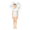 Girls Cottage Floral Blue smocked one piece swimsuit showing front fit and neckline detail.
