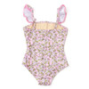 Full front view of the Shade Critters swimsuit displaying the smocked texture and ruffled shoulder details.