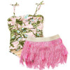 Shade Critters tropical-print one-piece swimsuit paired with a bright pink fringe skirt laid flat.