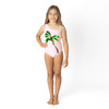 Girls Coco Palm one shoulder one piece swimsuit on model showing fit.