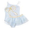 Shade Critters Blue Bow swimsuit with white-to-pink flip-sequin bow and tutu skirt.