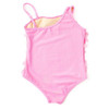Front view of pink paillette girls one piece swimsuit with layered shimmer discs.