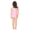 Back view of pink one shoulder girls one piece swimsuit on model.