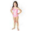 Girls pink one shoulder one piece swimsuit on model showing fit.
