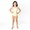 Girls Butter Yellow Daisy one piece swimsuit showing front fit and halter neckline.