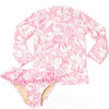 The Shade Critters Pink Paradise Girls Rashguard Swim Set displayed flat, showing the long-sleeve top and pom-pom trimmed bottoms in the pink tropical print.