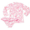 Back view of the Shade Critters Pink Paradise Girls Rashguard Swim Set highlighting the zipper on the rashguard and the coordinating printed bottoms.