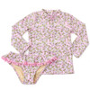 The Shade Critters Blushing Blooms Girls Rashguard Swim Set displayed flat, showing the floral-print rashguard top with coordinating pink pom-pomtrimmed bottoms.