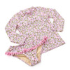Front layout of the Shade Critters Blushing Blooms Girls Rashguard Swim Set featuring the soft pink florals and playful ruffle trim.

