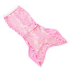 Angled view of pink paillette girls mermaid tail cover up highlighting scale texture and flared tail.