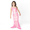 Girls pink paillette mermaid tail cover up on model showing full length and tail shape.