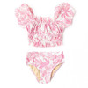 Flat Lay Front: A front flat-lay of the Pink Paradise smocked puff sleeve swimsuit by Shade Critters, showing the smocked top and matching brief bottom.