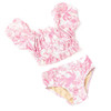 Front View: Another front view of the two-piece Shade Critters swimsuit highlighting the puff sleeves and tropical pink print.