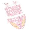 Front View: A full front view of the Shade Critters two-piece featuring the tropical pink print and smocked texture.