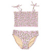 Shade Critters Blushing Blooms smocked swimsuit top and bottom shown flat, highlighting the stretchy texture and sweet pink floral print.