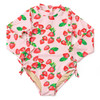 Shade Critters girls long sleeve one piece swimsuit in strawberry bliss print, cute fruit print kids swimwear with full coverage design.