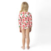Girls strawberry print swimsuit with long sleeves and full coverage design, comfortable kids swimwear from back.