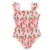 Girls strawberry bliss one piece swimsuit with smocked texture and crochet trim detail, cute kids swimwear.