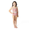 Girls strawberry print one piece swimsuit with smocked bodice and crochet trim, stylish kids swimwear.