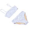 Tween girls blue floral bikini set with crochet trim and soft stretch fabric, stylish kids two piece swimwear.