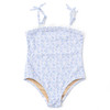 Shade Critters girls one piece swimsuit in coastal gardens floral print with crochet trim detail, soft blue kids swimwear.