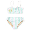 Tween girls striped bikini set with metallic sheen and embroidered detail, stylish two piece kids swimwear.