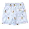 Boys blue striped swim trunks with embroidered teddy icons and back pocket detail, comfortable kids swimwear.
