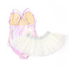 Girls metallic lilac swimsuit set with shell detail and layered tutu skirt, stylish kids swimwear for dress-up beach days.