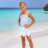 Shade Critters girls one piece swimsuit with crochet skirt cover up in snorkel splash blue, stylish kids swimwear shown on beach.