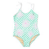 Girls striped one piece swimsuit with sequin daisy design and pastel colors, cute kids swimwear.