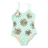 Girls floral sequin one piece swimsuit with reversible daisy design, fun kids swimwear.