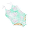 Girls striped one piece swimsuit with sequin flower detail, trendy kids swimwear.