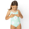 Girls daisy sequin one piece swimsuit with striped pattern, interactive kids swimwear detail on model.