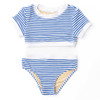Shade Critters girls ribbed cropped bikini set in cobalt stripe, short sleeve two piece swimsuit with textured fabric and modern kids swimwear design.