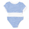 Girls blue striped ribbed bikini set with short sleeve crop top and coordinating bottoms, comfortable and stylish kids swimwear.