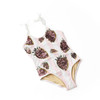 Girls striped one piece swimsuit with reversible sequin fruit design, stylish kids swimwear.