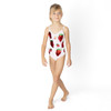 Girls strawberry print one piece swimsuit with sequin detail, cute kids swimwear shown on model.