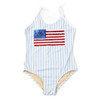 Girls Americana striped one piece swimsuit with red, white, and blue sequin flag design, stylish kids swimwear.